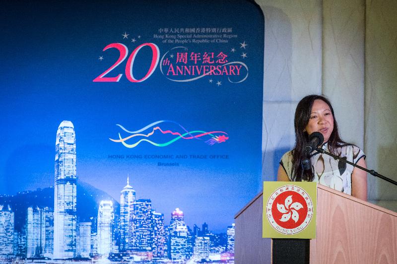 The Hong Kong Economic and Trade Office in Brussels concluded its celebrations to mark the 20th anniversary of the establishment of the Hong Kong Special Administrative Region by holding martial arts-themed gala dinners in Paris, France (October 19, Paris time) and Brussels, Belgium (October 24, Brussels time). The Special Representative for Economic and Trade Affairs to the European Union, Ms Shirley Lam, is pictured introducing Hong Kong's achievements over the past 20 years to guests at the gala dinner in Brussels. 