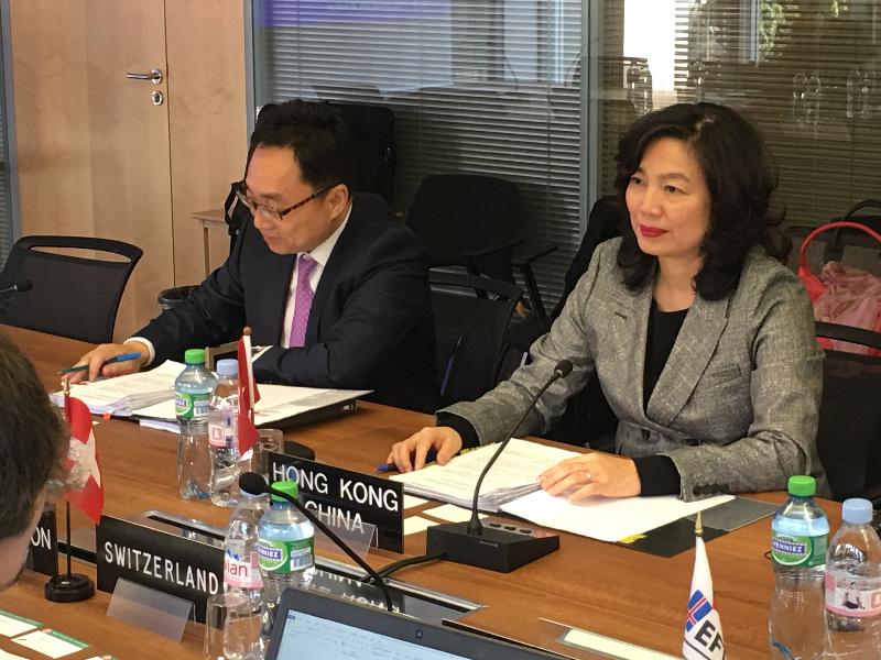 The Director-General of Trade and Industry, Ms Salina Yan, and Assistant Director-General of Trade and Industry, Mr Owin Fung, are at the first meeting of the Joint Committee under the Free Trade Agreement between Hong Kong and the European Free Trade Association States in Geneva, Switzerland today (October 31, Geneva time).