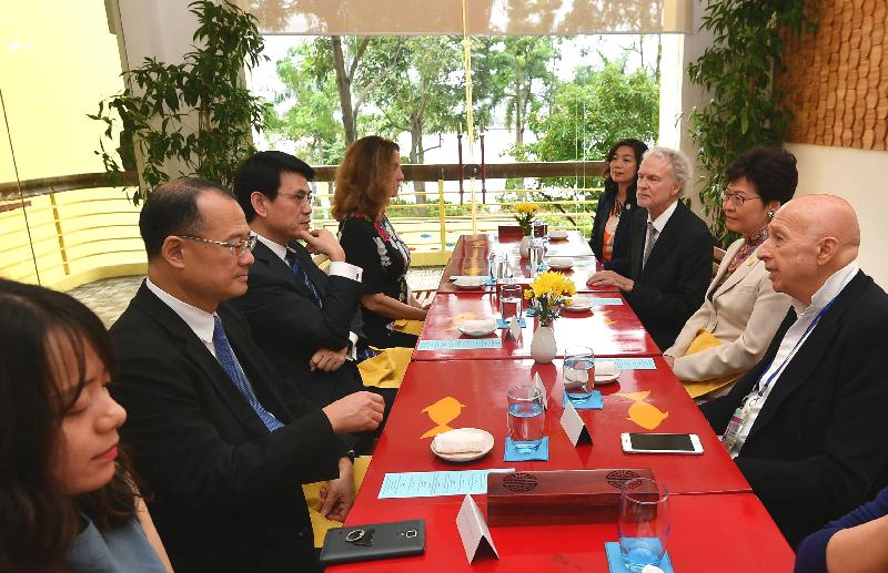 The Chief Executive, Mrs Carrie Lam, arrived at Da Nang, Vietnam, this morning (November 9) to attend the Asia-Pacific Economic Cooperation (APEC) meetings. Photo shows Mrs Lam (second right) hosting a lunch today for Hong Kong, China's representatives of the APEC Business Advisory Council. Also attending is the Secretary for Commerce and Economic Development, Mr Edward Yau (third left).