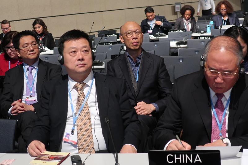 The Secretary for the Environment, Mr Wong Kam-sing (second right), listens to the National Statement presented by the head of the Chinese delegation to the 23rd session of the Conference of the Parties to the United Nations Framework Convention on Climate Change (COP23), China's Special Representative on Climate Change, Mr Xie Zhenhua (first right), in Bonn, Germany, yesterday (November 16, Bonn time) while attending the high-level segment of COP23 as a member of the Chinese delegation.