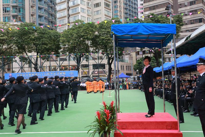 The Chief Executive, Mrs Carrie Lam, today (November 19) inspects the parade squad at the Civil Aid Service 65th Anniversary Parade at the Southorn Playground, Wan Chai.     