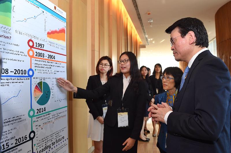 The Secretary for Commerce and Economic Development, Mr Edward Yau, attended the seminar on "Free Trade and Globalisation - The Hong Kong Experience in Retrospect and the Prospects" organised by the Trade and Industry Department today (December 1). Photo shows Mr Yau (right) viewing the display panels at the seminar.