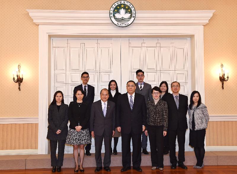 The Chief Secretary for Administration, Mr Matthew Cheung Kin-chung, today (December 5) paid a courtesy call on the Chief Executive of the Macao Special Administrative Region, Mr Chui Sai-on. Mr Cheung (front row, third left) is pictured with Mr Chui (front row, centre); the Chief-of-Office of the Chief Executive's Office of the Macao Special Administrative Region Government, Ms O Lam (front row, second left); the Director of Administration, Ms Kitty Choi (front row, third right); the Law Officer (International Law) of the Department of Justice, Mr Paul Tsang (front row, second right); the Deputy Director of Administration, Ms Jennifer Chan (front row, first left); and other officials before the meeting.