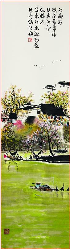 「四躍墨緣」書畫展覽十二月十一日至十三日（星期一至三）於尖沙咀香港文化中心四樓展覽館舉行。圖示其中一件展品，梁滿金繪畫的江南春天景色。