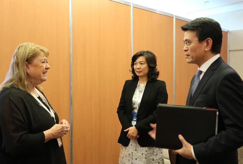 The Secretary for Commerce and Economic Development, Mr Edward Yau (right), accompanied by the Director-General of Trade and Industry, Ms Salina Yan (centre), meets with the Chairperson of the 11th World Trade Organization Ministerial Conference (MC11), Ms Susana Malcorra (left), before attending the opening session of the MC11 in Buenos Aires, Argentina, today (December 10, Buenos Aires time).