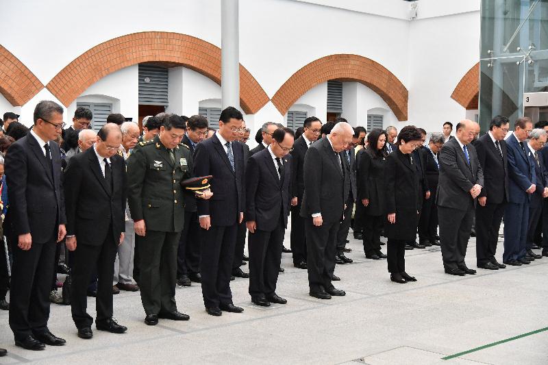 The Chief Executive, Mrs Carrie Lam, attended a ceremony to commemorate Nanjing Massacre National Memorial Day at the Hong Kong Museum of Coastal Defence this morning (December 13). Photo shows (from left) the Financial Secretary, Mr Paul Chan; the Chief Secretary for Administration, Mr Matthew Cheung Kin-chung; the Commander-in-chief of the Chinese People's Liberation Army Hong Kong Garrison, Mr Tan Benhong; the Commissioner of the Ministry of Foreign Affairs of the People's Republic of China in the Hong Kong Special Administrative Region (HKSAR), Mr Xie Feng; the Director of the Liaison Office of the Central People's Government in the HKSAR, Mr Wang Zhimin; Vice-Chairman of the National Committee of the Chinese People's Political Consultative Conference Mr Tung Chee Hwa; Mrs Lam; the Chief Justice of the Court of Final Appeal, Mr Geoffrey Ma Tao-li; the President of the Legislative Council, Mr Andrew Leung; Non-official Member of the Executive Council Professor Arthur Li; and other attendees observing two minutes' silence at the ceremony.