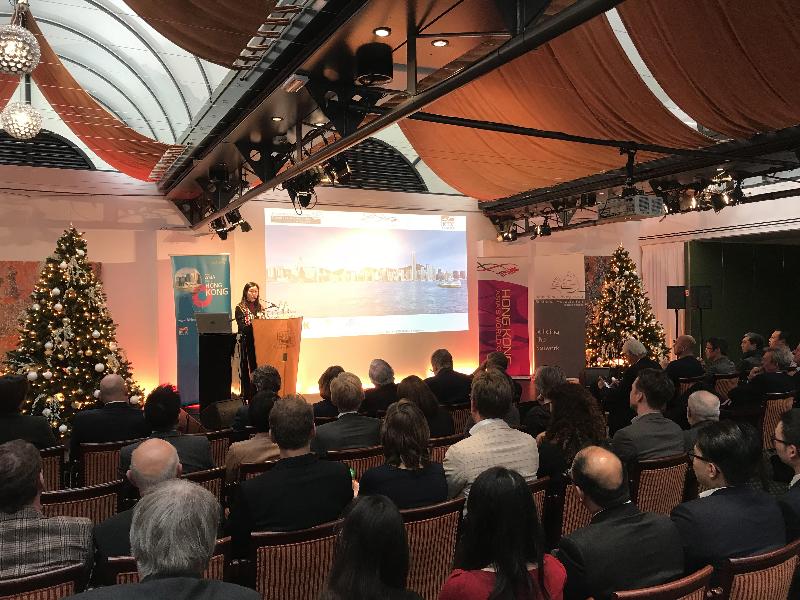 The Hong Kong Economic and Trade Office, Brussels (HKETO, Brussels) held the Dongzhi business seminar and networking reception in Wassenaar, The Hague in the Netherlands, on December 13 (The Hague Time). Photo shows Deputy Representative of HKETO, Brussels Ms Fiona Chau speaking at the seminar.
 
