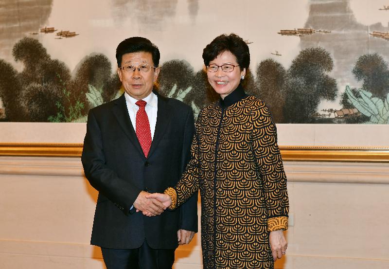 The Chief Executive, Mrs Carrie Lam, met the Minister of Public Security, Mr Zhao Kezhi, in Beijing this afternoon (December 14). Photo shows Mrs Lam (right) shaking hands with Mr Zhao (left) before the meeting.
