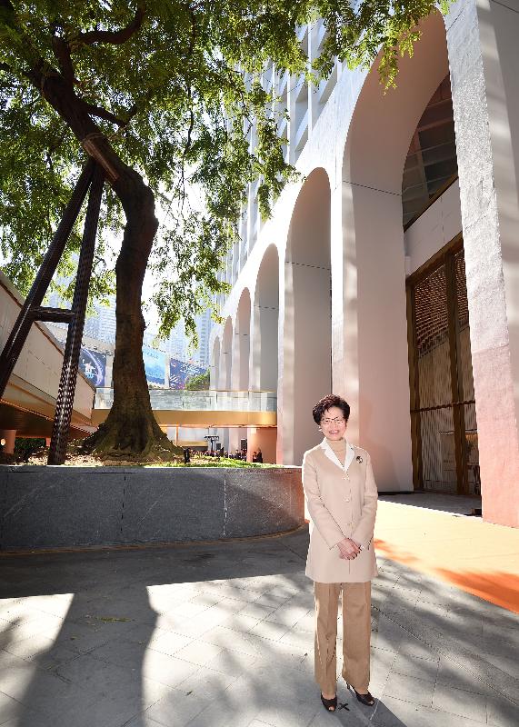 The Chief Executive, Mrs Carrie Lam, attended the completion ceremony of The Murray today (December 20). Photo shows Mrs Lam in front of the hotel.