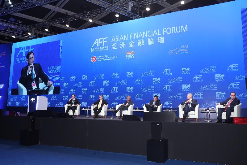 The Chief Executive of the Hong Kong Monetary Authority, Mr Norman Chan, led the Policy Dialogue entitled "Impact of China Policies on Global Economic Development" at the Asian Financial Forum 2018 today (January 15). Speakers at the Policy Dialogue included (from second left) the First Deputy Managing Director of the International Monetary Fund, Mr David Lipton; the President of the Asian Infrastructure Investment Bank, Mr Jin Liqun; the Chairman of the China Development Bank, Mr Hu Huaibang; Member of the Executive Board of the Deutsche Bundesbank Dr Andreas Dombret; and the Group Chief Executive of HSBC Holdings plc, Mr Stuart Gulliver.