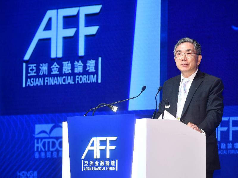 The Secretary for Financial Services and the Treasury, Mr James Lau, addresses the plenary session on "Steering Growth and Pioneering Innovation: Asia and Beyond" at the 11th Asian Financial Forum at the Hong Kong Convention and Exhibition Centre this morning (January 15). The session offered insights on harnessing innovation and technologies to create value and drive changes across the world. 