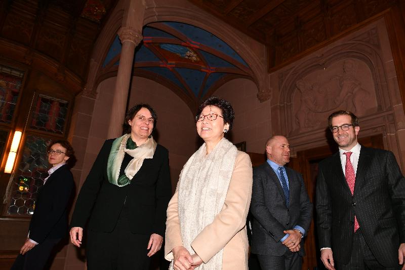 The Chief Executive, Mrs Carrie Lam, continued her visit to Switzerland in Bern and Basel today (January 23, Basel time). Photo shows Mrs Lam (centre) meeting the President of the Government of the Canton of Basel-Stadt, Ms Elisabeth Ackermann (second left), at the City Hall in the evening.
