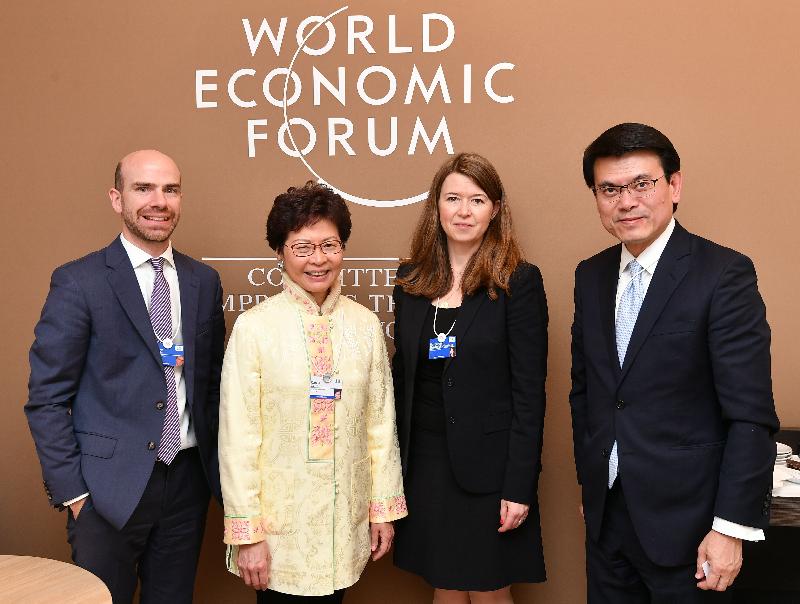 The Chief Executive, Mrs Carrie Lam, continued her visit to Switzerland in Davos today (January 24, Davos time). Photo shows Mrs Lam (second left) and the Secretary for Commerce and Economic Development, Mr Edward Yau (first right) meeting with the Head of Future of Economic Progress and Member of the Executive Committee of the World Economic Forum, Ms Margareta Drzeniek-Hanouz (second right).