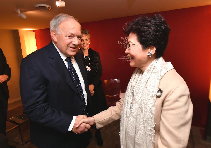 The Chief Executive, Mrs Carrie Lam, today (January 25, Davos time) continued to attend the World Economic Forum Annual Meeting in Davos, Switzerland. Photo shows Mrs Lam (right) with the Federal Councillor and Head of the Federal Department of Economic Affairs, Education and Research of Switzerland, Mr Johann Schneider-Ammann (left), at a bilateral meeting in the morning.