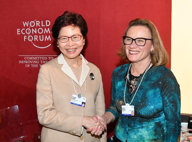 The Chief Executive, Mrs Carrie Lam, today (January 25, Davos time) continued to attend the World Economic Forum Annual Meeting in Davos, Switzerland. Photo shows Mrs Lam (left) meeting with the Chief Executive Officer of Merck Healthcare, Ms Belén Garijo (right), in the afternoon.