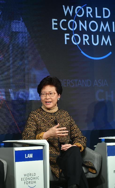 The Chief Executive, Mrs Carrie Lam, today (January 26, Davos time) continued to attend the World Economic Forum Annual Meeting in Davos, Switzerland. Photo shows Mrs Lam speaking during a panel discussion on "Asia Works: The Fourth Industrial Revolution" this morning.
