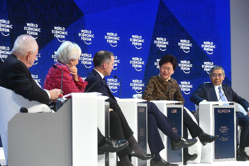 The Chief Executive, Mrs Carrie Lam, today (January 26, Davos time) continued to attend the World Economic Forum Annual Meeting in Davos, Switzerland. Photo shows Mrs Lam (second right) speaking during a panel discussion on global economic outlook this afternoon.