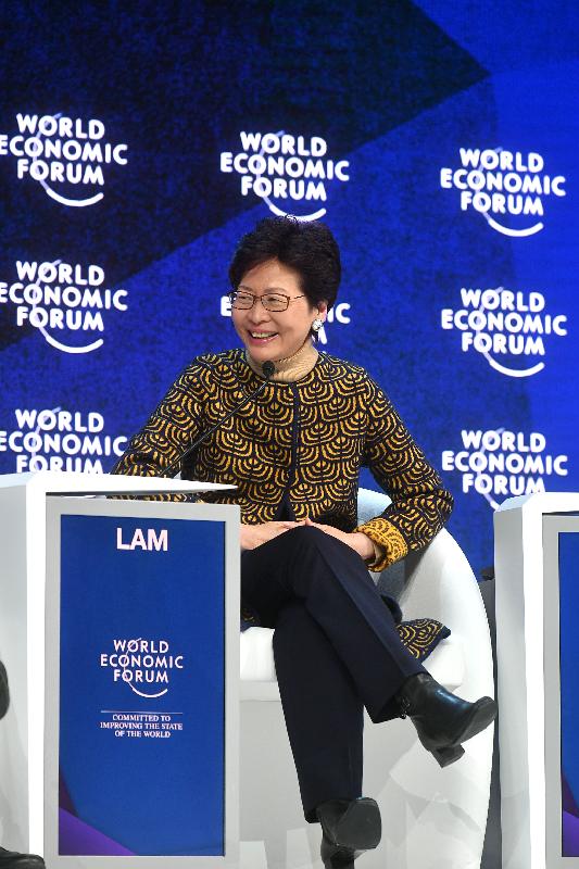 The Chief Executive, Mrs Carrie Lam, today (January 26, Davos time) continued to attend the World Economic Forum Annual Meeting in Davos, Switzerland. Photo shows Mrs Lam speaking during a panel discussion on global economic outlook this afternoon.