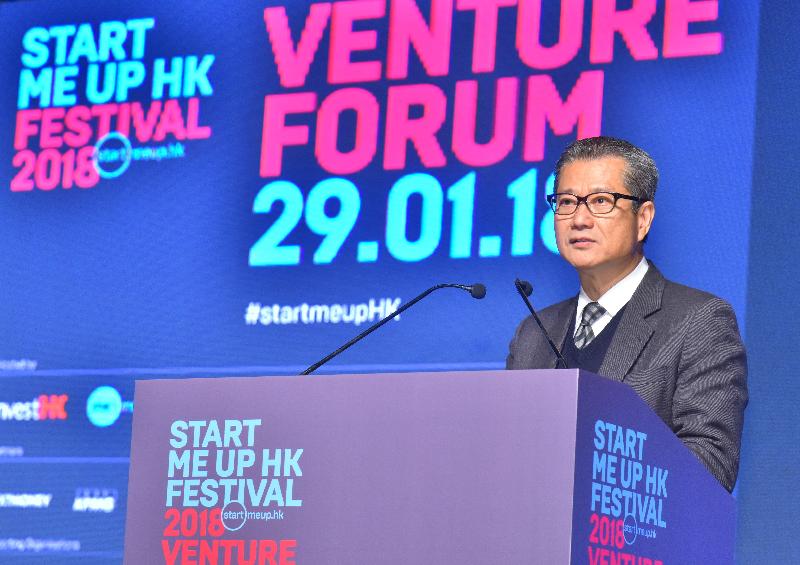 The Financial Secretary, Mr Paul Chan, speaks at the StartmeupHK Venture Forum today (January 29). 

