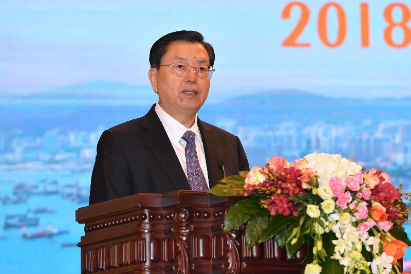 The Chairman of the Standing Committee of the National People's Congress, Mr Zhang Dejiang, delivers a keynote speech at the Seminar on Strategies and Opportunities under the Belt and Road Initiative - Leveraging Hong Kong's Advantages, Meeting the Country's Needs held by the Government of the Hong Kong Special Administrative Region and the Belt and Road General Chamber of Commerce at the Great Hall of the People in Beijing today (February 3).