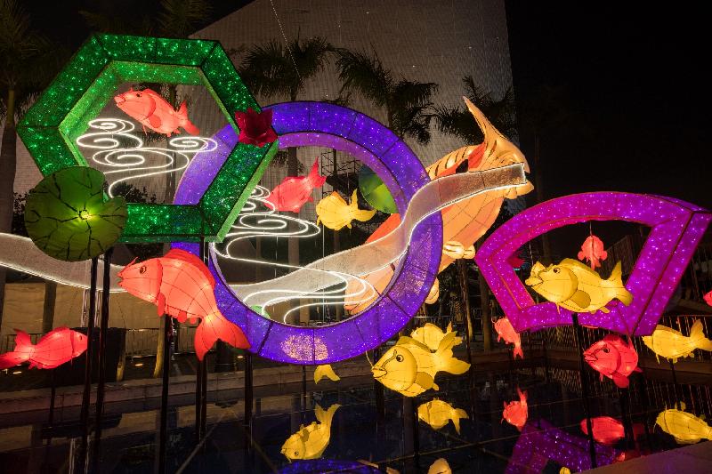 The Leisure and Cultural Services Department will present a Lunar New Year thematic lantern display entitled "Happily the Fishes Leap!" at the Hong Kong Cultural Centre Piazza from today (February 9) featuring nearly 90 lanterns of koi in different colours and patterns. 