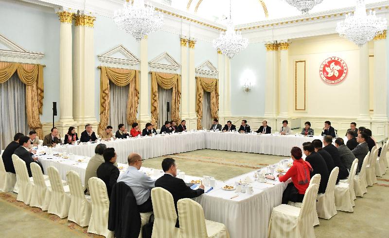 The Chief Executive, Mrs Carrie Lam, accompanied by a number of Secretaries of Departments and Directors of Bureaux, holds an engagement session at Government House yesterday (February 21) to exchange views with Hong Kong deputies to the 12th and 13th National People's Congress on matters of mutual concern, in particular Hong Kong's participation in the Belt and Road Initiative and the development of the Guangdong-Hong Kong-Macao Bay Area.