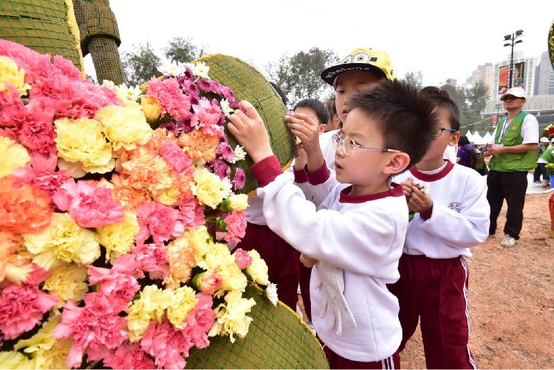 More than 1 300 students from 36 schools worked together to help put up the spectacular mosaiculture display "Blossom Parade" at Victoria Park today (March 3). The display will be embellished with about 40 000 colourful flowering plants of various species.