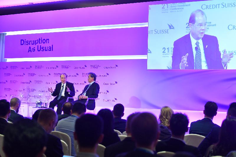 The Chief Secretary for Administration, Mr Matthew Cheung Kin-chung, answers questions from the audience at the Credit Suisse Asian Investment Conference today (March 19).