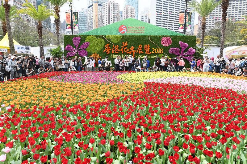 香港花卉展覽星期日（三月二十五日）結束。多個繽紛悅目的園林造景成為遊人拍照熱點，包括由色彩絢麗的鬱金香鋪設而成的花海。