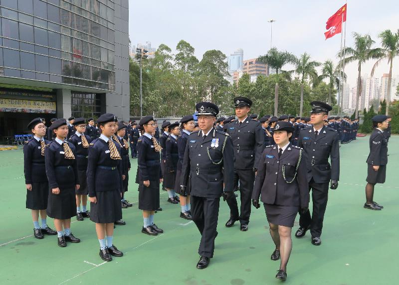 The Civil Aid Service (CAS) Cadet Corps held the 108th New Cadets Passing-out Parade at the CAS Headquarters today (March 24). Photo shows the CAS Cadet Corps Commander, Mr CHAN Chun-hing (centre), inspecting the parade.