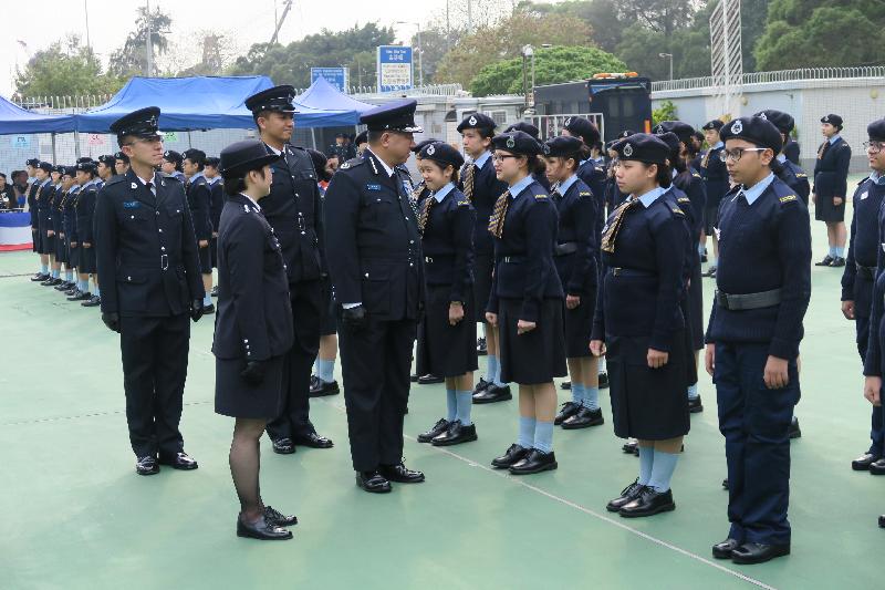 The Civil Aid Service (CAS) Cadet Corps held the 108th New Cadets Passing-out Parade at the CAS Headquarters today (March 24). Photo shows the CAS Cadet Corps Commander, Mr Chan Chun-hing (centre), encouraging the cadets to demonstrate self-discipline and team spirit and actively participate in community service.