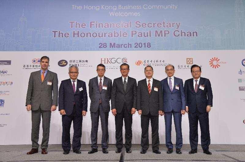 The Financial Secretary, Mr Paul Chan, attended the Joint Business Community Luncheon: 2018-2019 Budget today (March 28). Photo shows (from left) the Chairman of the Austrian Chamber of Commerce Hong Kong, Mr Wilhelm Brauner; the President of the Chinese Manufacturers' Association of Hong Kong, Dr Dennis Ng; the Chairman of the Hong Kong General Chamber of Commerce, Mr Stephen Ng; Mr Chan; the Chairman of the Chinese General Chamber of Commerce, Dr Jonathan Choi; the Chairman of the Federation of Hong Kong Industries, Mr Jimmy Kwok; and the Chairman of the Hong Kong Chinese Enterprises Association, Mr Gao Yingxin, at the luncheon. 