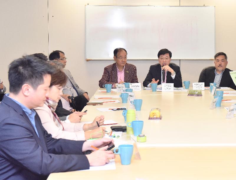 During his visit to Sai Kung this afternoon (April 18), the Secretary for Security, Mr John Lee (second right), accompanied by the District Officer (Sai Kung), Mr David Chiu (first right), meets with the Chairman of Sai Kung District Council, Mr Ng Sze-fuk (third right), and other members to exchange views on law and order matters and other issues relating to people's livelihood in the district.  