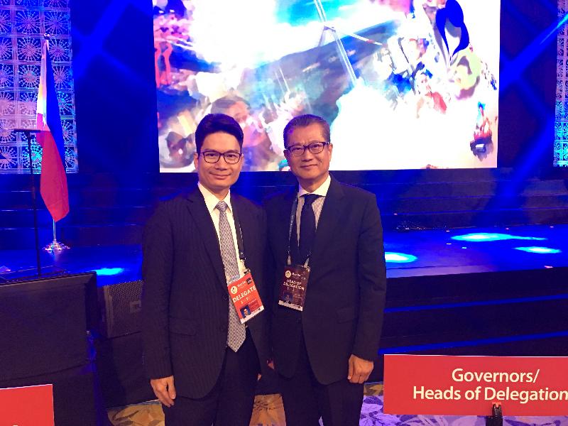 The Financial Secretary, Mr Paul Chan, attended the 51st Asian Development Bank (ADB) Annual Meeting in Manila, the Philippines today (May 5). Photo shows Mr Chan (right) and the Under Secretary for Financial Services and the Treasury, Mr Joseph Chan (left) at the opening session of the Board of Governors in the morning. 