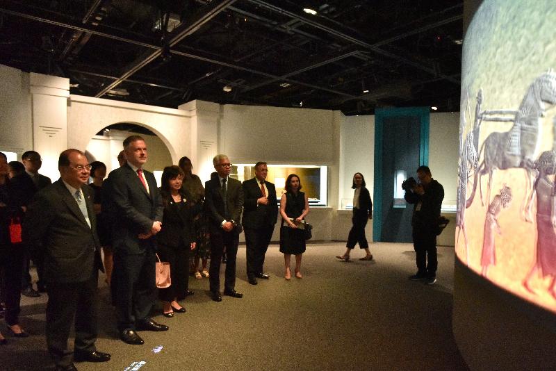 The Chief Secretary for Administration, Mr Matthew Cheung Kin-chung, officiated at the opening ceremony of the exhibition "An Age of Luxury: the Assyrians to Alexander" today (May 8). Photo shows Mr Cheung (first left) touring the exhibition.