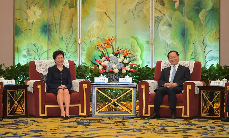 The Chief Executive, Mrs Carrie Lam (left), attends the meeting of the Secretary of the CPC Sichuan Provincial Committee, Mr Peng Qinghua (right), with the Hong Kong delegation in Chengdu today (May 11).