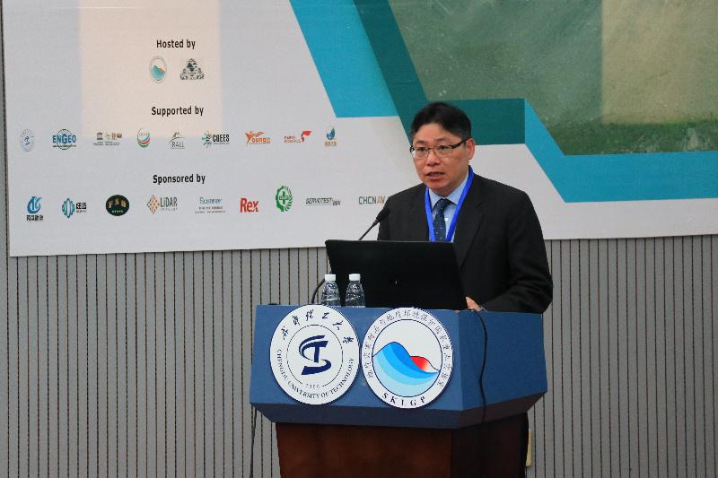The Director of Civil Engineering and Development, Mr Lam Sai-hung, today (May 12) attended the 5th International Symposium on Mega Earthquake Induced Geo-disasters and Long Term Effects organised by the State Key Laboratory of Geohazard Prevention and Geoenvironment Protection in Chengdu, Sichuan, to exchange knowledge on the mitigation of geohazards with experts from Sichuan and around the world. Photo shows Mr Lam addressing the opening ceremony of the Symposium.