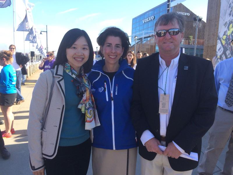 The Director of Hong Kong Economic and Trade Office in New York (HKETONY), Ms Joanne Chu (left), meets the Governor of Rhode Island, Ms Gina Raimondo (centre), and the Executive Director of Sail Newport, Mr Brad Read (right), at the opening of the Newport race village on May 8.
