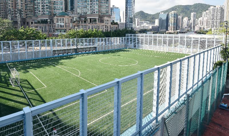 Hing Wah Street West Playground will be opened on June 1. Photo shows the seven-a-side artificial turf soccer pitch.