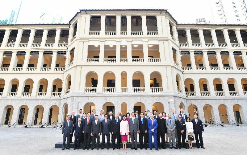 The Chief Executive, Mrs Carrie Lam, attended the Tai Kwun Opening Ceremony today (May 25). Mrs Lam (front row, seventh left) is pictured with the Chairman of the Hong Kong Jockey Club (HKJC), Dr Simon Ip (front row, centre); the Deputy Chairman of the HKJC, Mr Anthony Chow (front row, sixth left); the Chief Executive Officer of the HKJC, Mr Winfried Engelbrecht-Bresges (front row, sixth right); the Chairman of the Jockey Club Central Police Station Advisory Committee, Mr Bernard Chan (front row, seventh right); the Acting Secretary for Development, Mr Liu Chun-san (front row, fifth left); and other guests at the Tai Kwun Parade Ground.