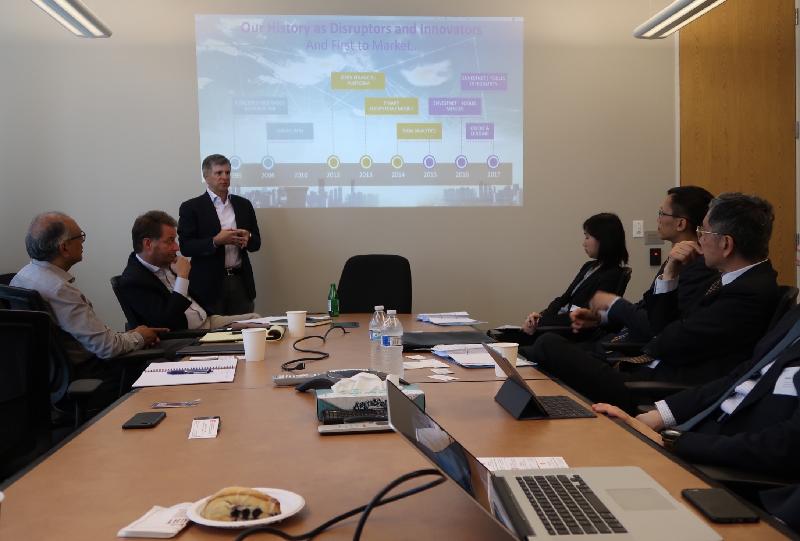 The Secretary for Financial Services and the Treasury, Mr James Lau (first right) started his visit to San Francisco on May 29 (San Francisco time). He is pictured visiting the Envestnet | Yodlee Incubator and met with its managing team to share his views on Fintech trends and infrastructure for Fintech developments in Hong Kong.
 