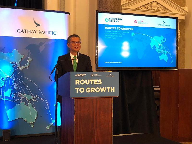 The Financial Secretary, Mr Paul Chan, speaks at "Routes to Growth: Creating Opportunities Between Hong Kong and Ireland as Financial Services & Aviation Hubs" seminar in Dublin, Ireland today (May 31, Dublin time).