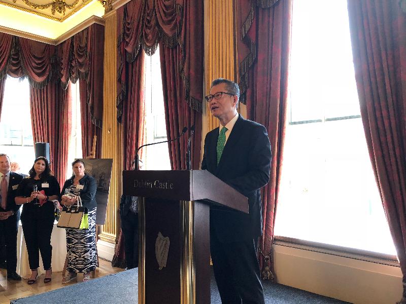 The Financial Secretary, Mr Paul Chan, delivers a speech at Cathay Pacific Dublin inaugural flight gala cocktail reception in Dublin, Ireland today (May 31, Dublin time).