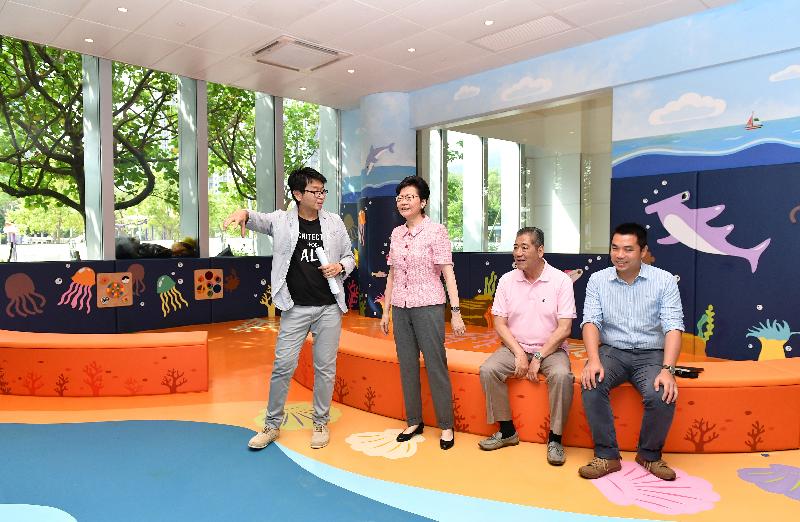 The Chief Executive, Mrs Carrie Lam, this afternoon (June 3) visited the Tsuen Wan Sports Centre which will be opened soon. Photo shows Mrs Lam (second left) touring the public children's play room in the sports centre. Looking on are the Chairman of the Tsuen Wan District Council (TWDC), Mr Chung Wai-ping (second right), and the Vice Chairman of TWDC, Mr Wong Wai-kit (first right).