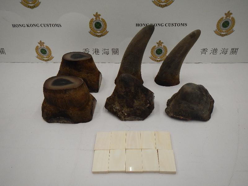 Hong Kong Customs today (June 6) seized about 5.9 kilograms of suspected rhino horn and 410 grams of suspected worked ivory with an estimated market value of about $1.2 million at Hong Kong International Airport.