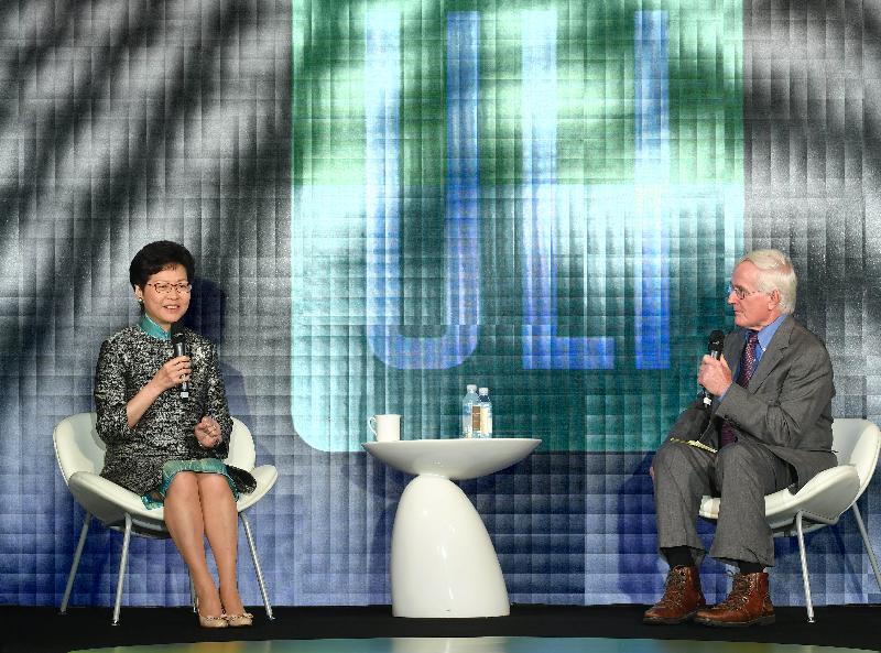 The Chief Executive, Mrs Carrie Lam, attended the Urban Land Institute (ULI) Asia Pacific Summit this morning (June 6). Photo shows Mrs Lam (left) in a dialogue session with senior resident fellow at the ULI and former Mayor of Pittsburgh, the US, Mr Tom Murphy (right).