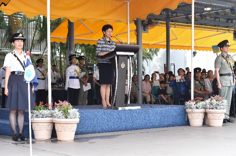 行政長官林鄭月娥今日（六月八日）在赤柱懲教署職員訓練院舉行的學員結業典禮上致辭。