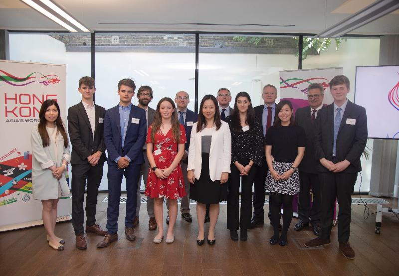 Winning students in the "Hong Kong: the best destination for start-up entrepreneurs!" competition organised by the Hong Kong Economic and Trade Office, London (London ETO), plus the competition judges and sponsors, attended a prize presentation ceremony at the London ETO on June 6 (London time). Each student has won a place in a summer school at a Hong Kong university this year. Picture shows (front row, from left) the Deputy Head of Investment Promotion, London ETO, Ms Jessica Kam; competition winners Thibau Grumett, Tomas Utting and Trinity Hooper; the Director-General of the London ETO, Ms Priscilla To; winner Uma Baron; the Deputy Director-General of the London ETO, Ms Noel Ng; winner Bertram Lyhne-Gold; (back row, from left) the Regional Manager for East Asia, British Council, Mr Orlando Edwards; the Regional Manager East Asia & Americas, British Council, Mr Martin Daltry; the Marketing & Digital Sales Manager of Cathay Pacific, Mr Paul Cruttenden; the Head of Investment Promotion, London ETO, Mr Andrew Davis; and the Executive Director of the Hong Kong Society, Mr Tom Wright, at the ceremony.