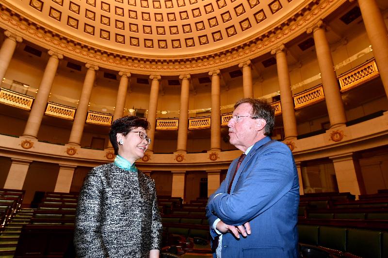 The Chief Executive, Mrs Carrie Lam, continued her visit to Europe in Brussels, Belgium today (June 15, Brussels time). Photo shows Mrs Lam (left), accompanied by the President of the Belgian Chamber of Representatives, Mr Siegfried Bracke (right), visiting the Parliament. 
