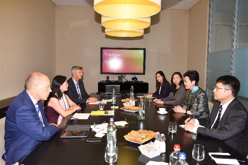 The Chief Executive, Mrs Carrie Lam, continued her visit to Europe in Brussels, Belgium today (June 15, Brussels time). Photo shows Mrs Lam (second right) receiving a briefing at GSK Vaccines' headquarters on the company's research and development operation as well as the experience of carrying out clinical trials in Hong Kong. The Special Representative for Hong Kong Economic and Trade Affairs to the European Union, Ms Shirley Lam (third right), also attended.